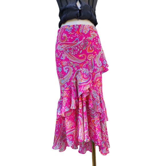 Vtg Y2k Chaps Bright Pink Paisley Asymmetrical Layered Tiered Colorful Skirt M - Picture 2 of 7